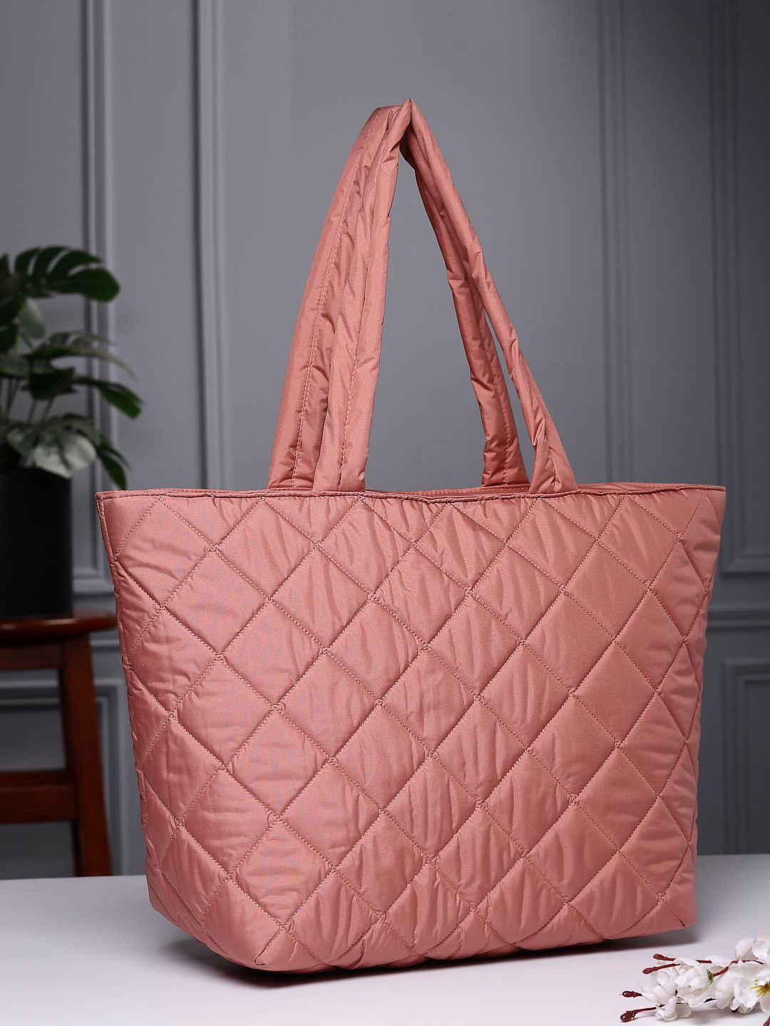 

Anekaant Geometric Shopper Handheld Bag With Quilted, Coral