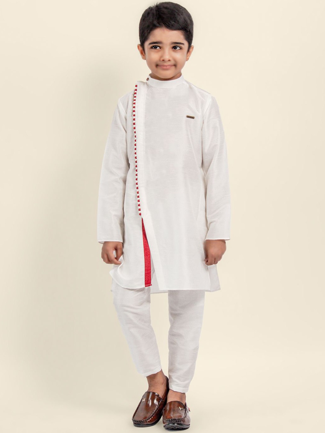 

DEVOILER Boys Ethnic Motifs Empire Dupion Silk Kurta with Pyjamas, White