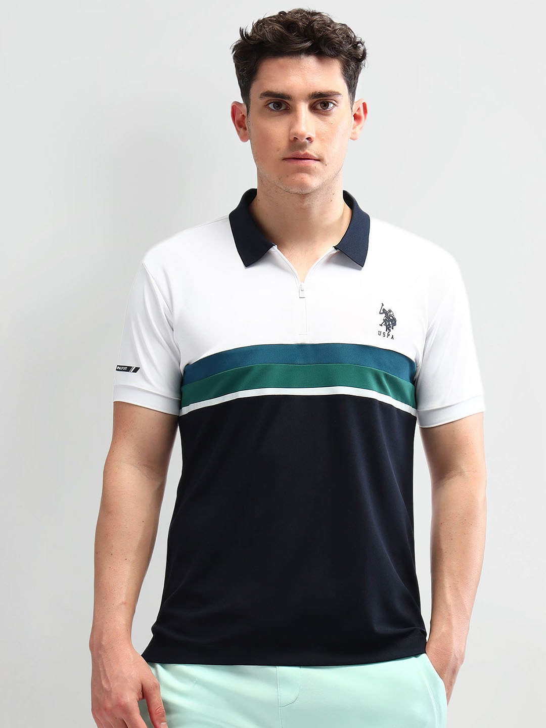 

U.S. Polo Assn. Men Brand Logo Colourblocked Polo Collar Slim Fit T-shirt, White