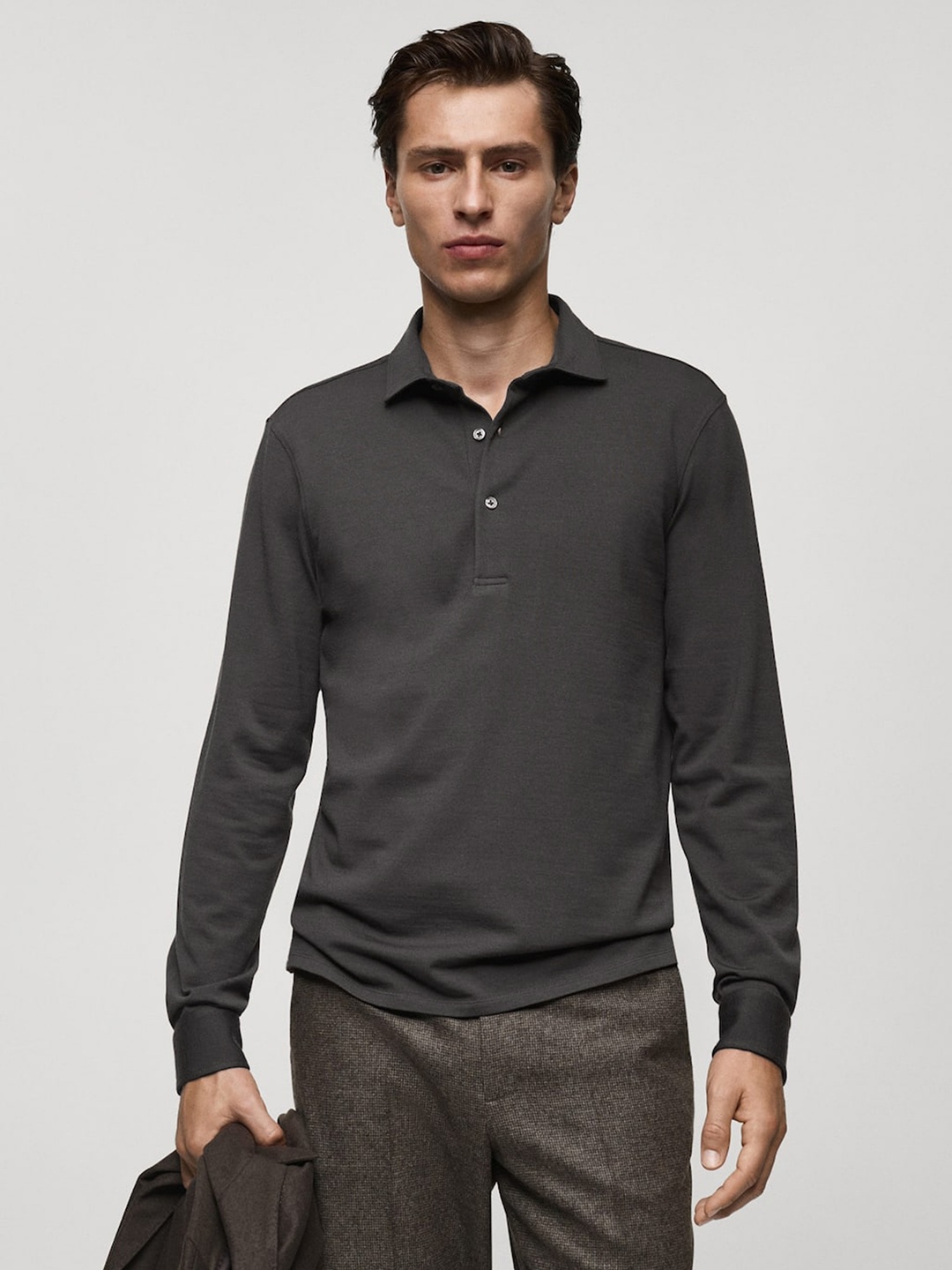 

MANGO MAN Men Polo Collar Woollen T-shirt, Taupe