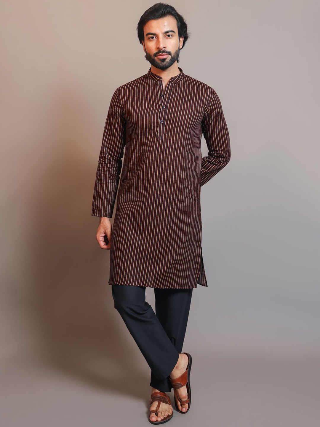 

Vastraa Fusion Striped Mandarin Collar Long Sleeves Regular Pure Cotton Straight Kurta, Brown