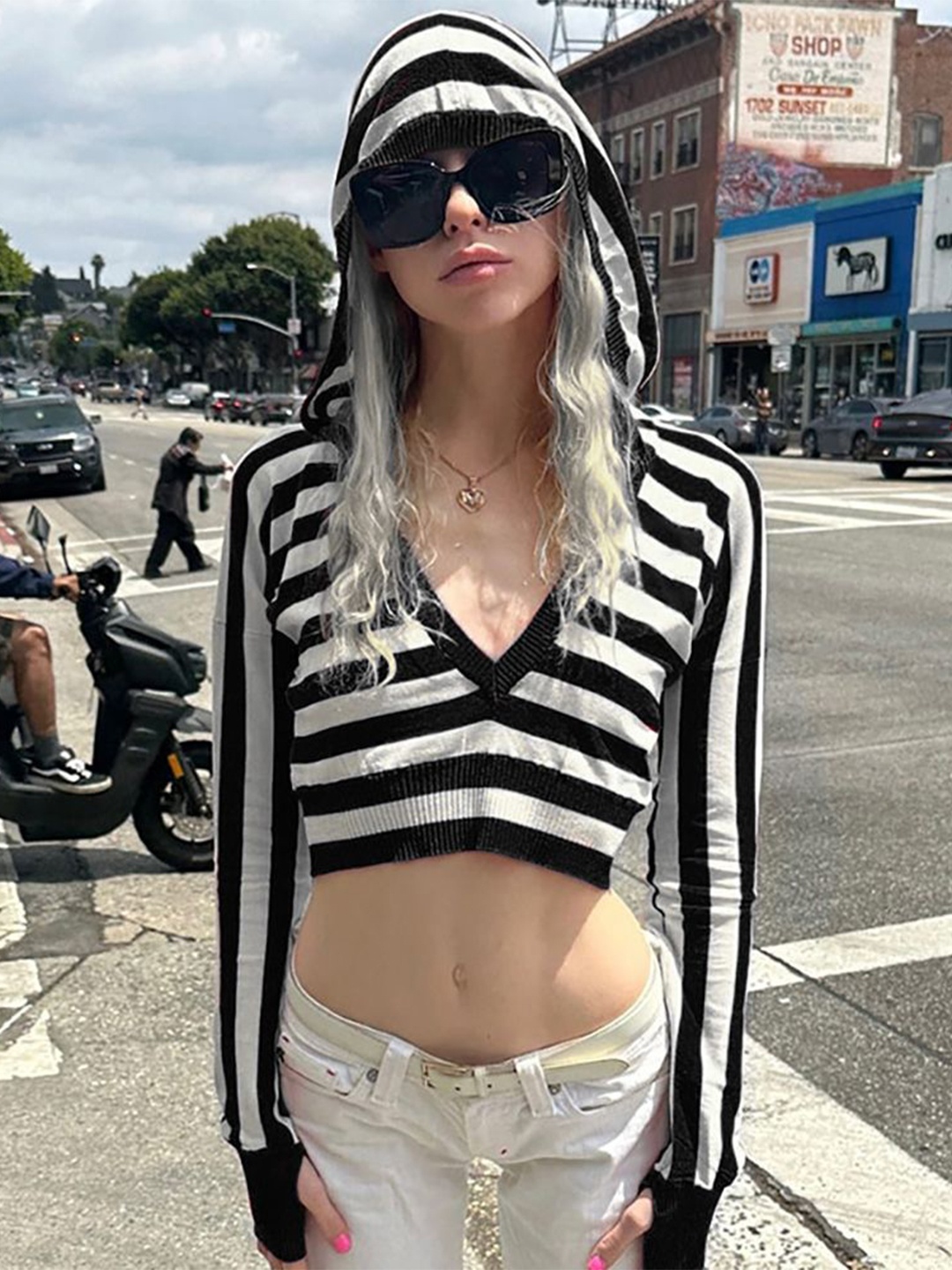 

StyleCast x Revolte Women Striped Hooded Crop Top, Black