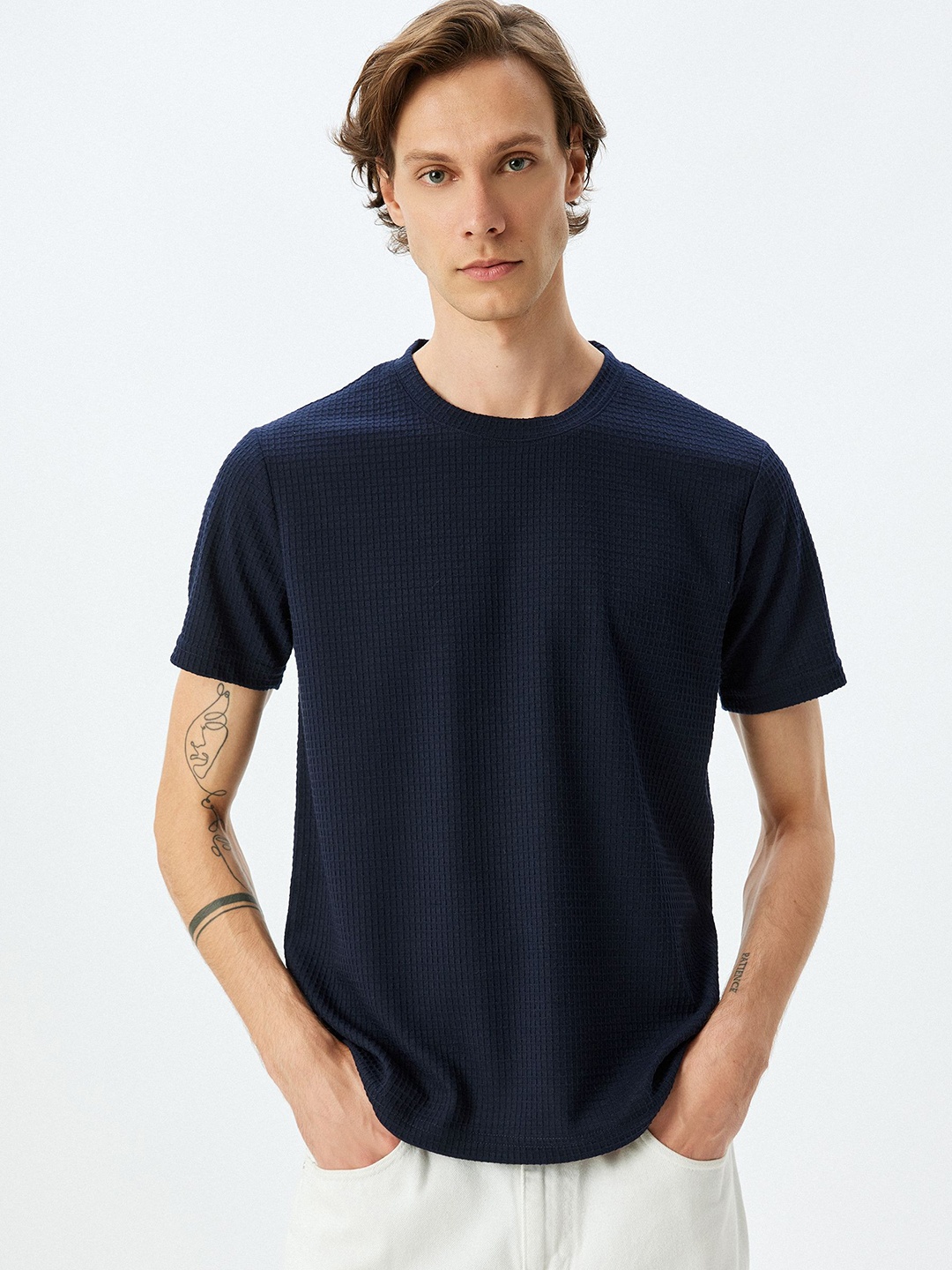 

Koton Men Self Design Round Neck T-shirt, Navy blue