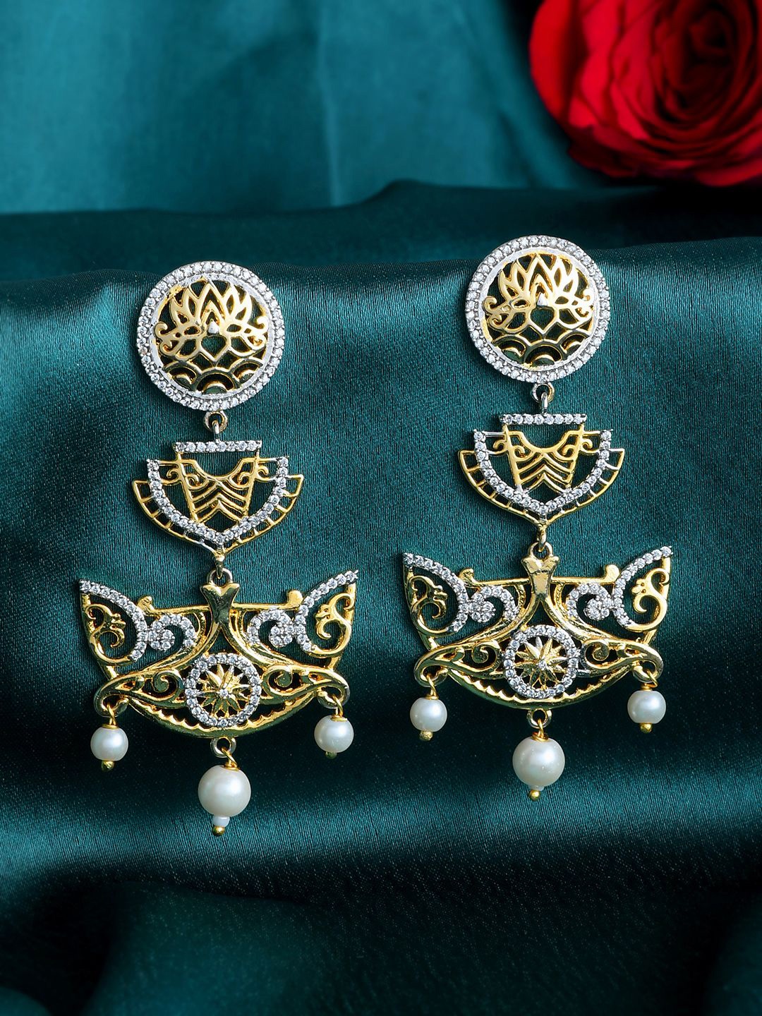 

Voylla Gold-Plated Cubic Zirconia Studded Paisley Shaped Drop Earrings