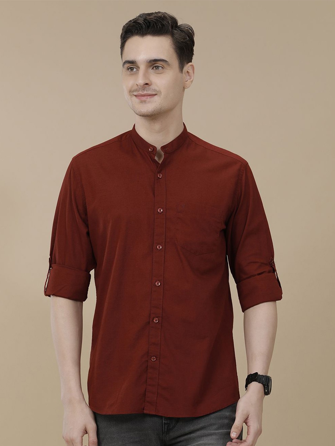 

CAVALLO by Linen Club Contemporary Slim Fit Mandarin Collar Roll-Up Sleeves Casual Shirt, Red