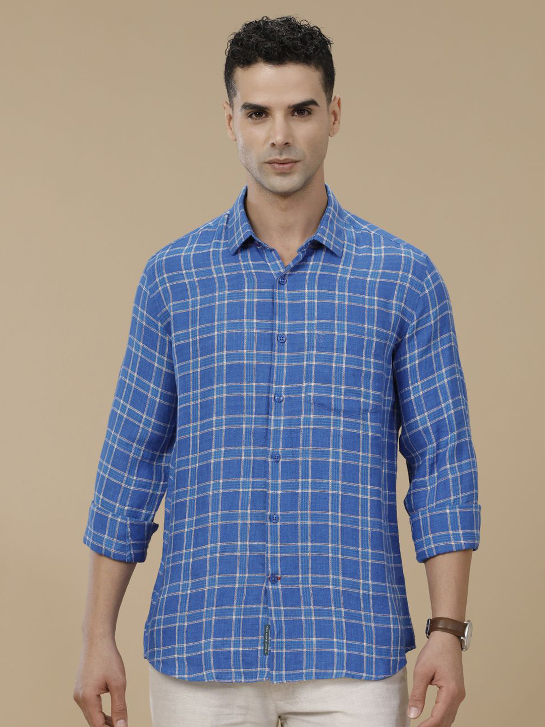 

Linen Club Contemporary Slim Fit Windowpane Checked Pure Linen Casual Shirt, Blue