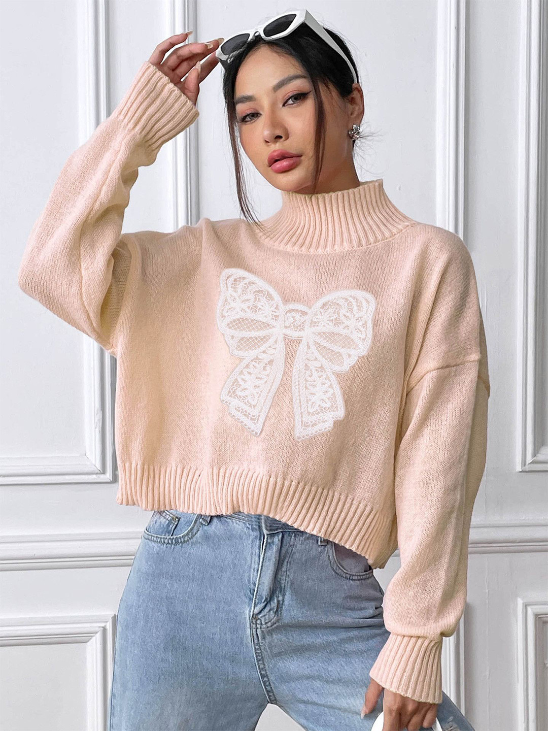 

StyleCast x Revolte Women Embroidered Turtle Neck Long Sleeves Pullover Sweaters, Beige