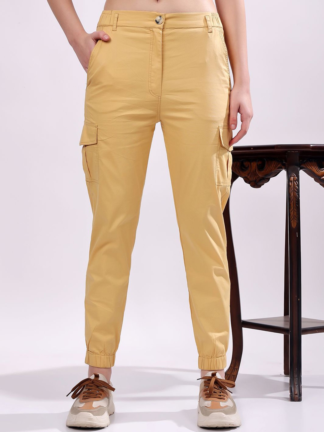 

T TRYON ULTIMATE Women Mid Rise Cotton Cargo Joggers, Beige
