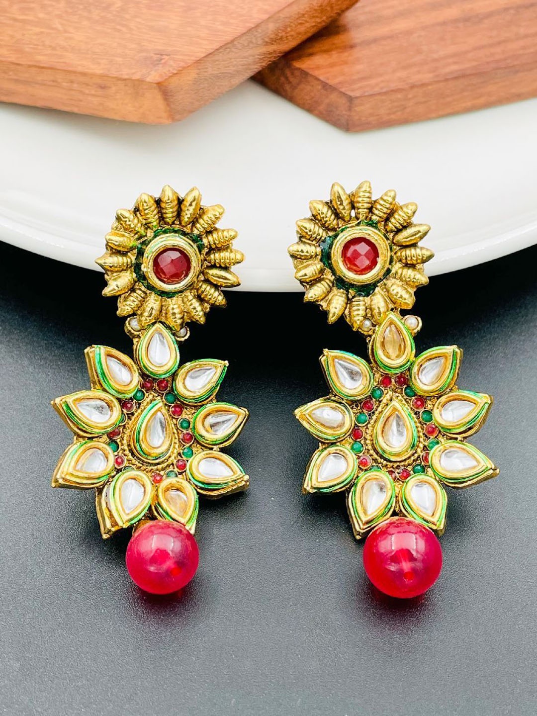 

ZIVOM 22KT Gold-Plated Antique Kundan Stone Studded & Beaded Floral Shaped Drop Earrings