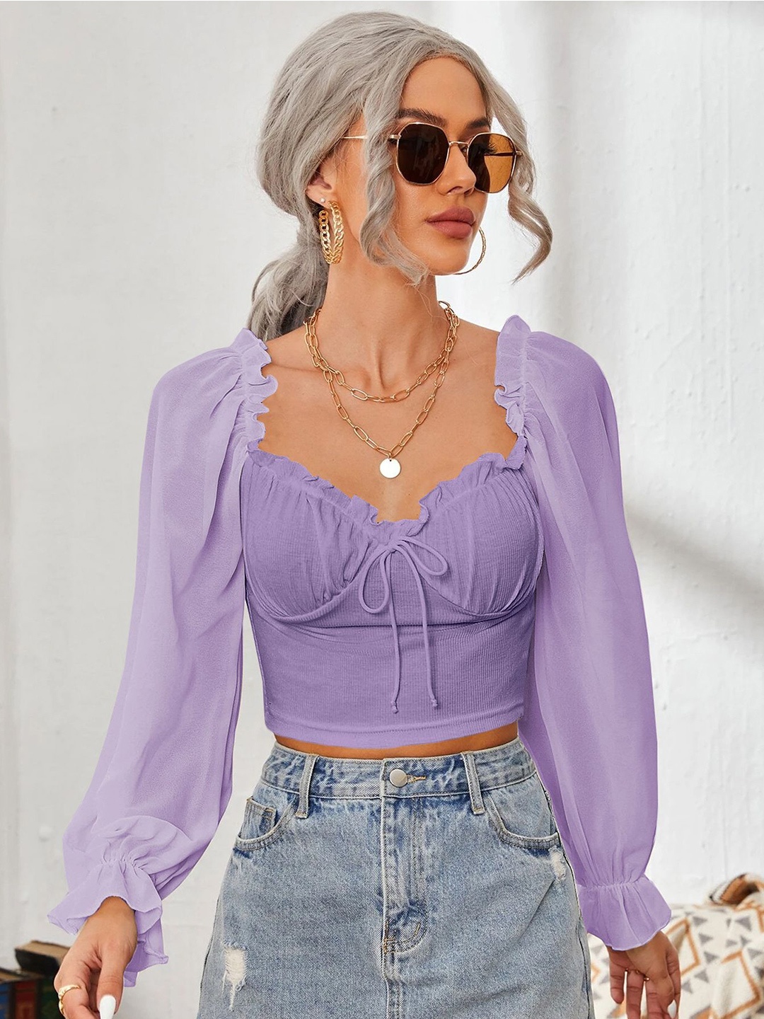 

StyleCast x Revolte Women Sweetheart Neck Puff Sleeve Ruffles Tank Top, Lavender