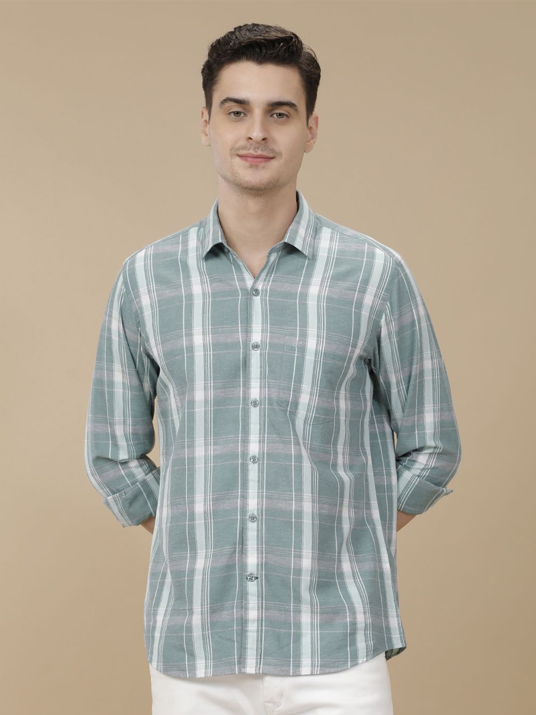

CAVALLO by Linen Club Contemporary Slim Fit Windowpane Checks Checked Casual Shirt, Green
