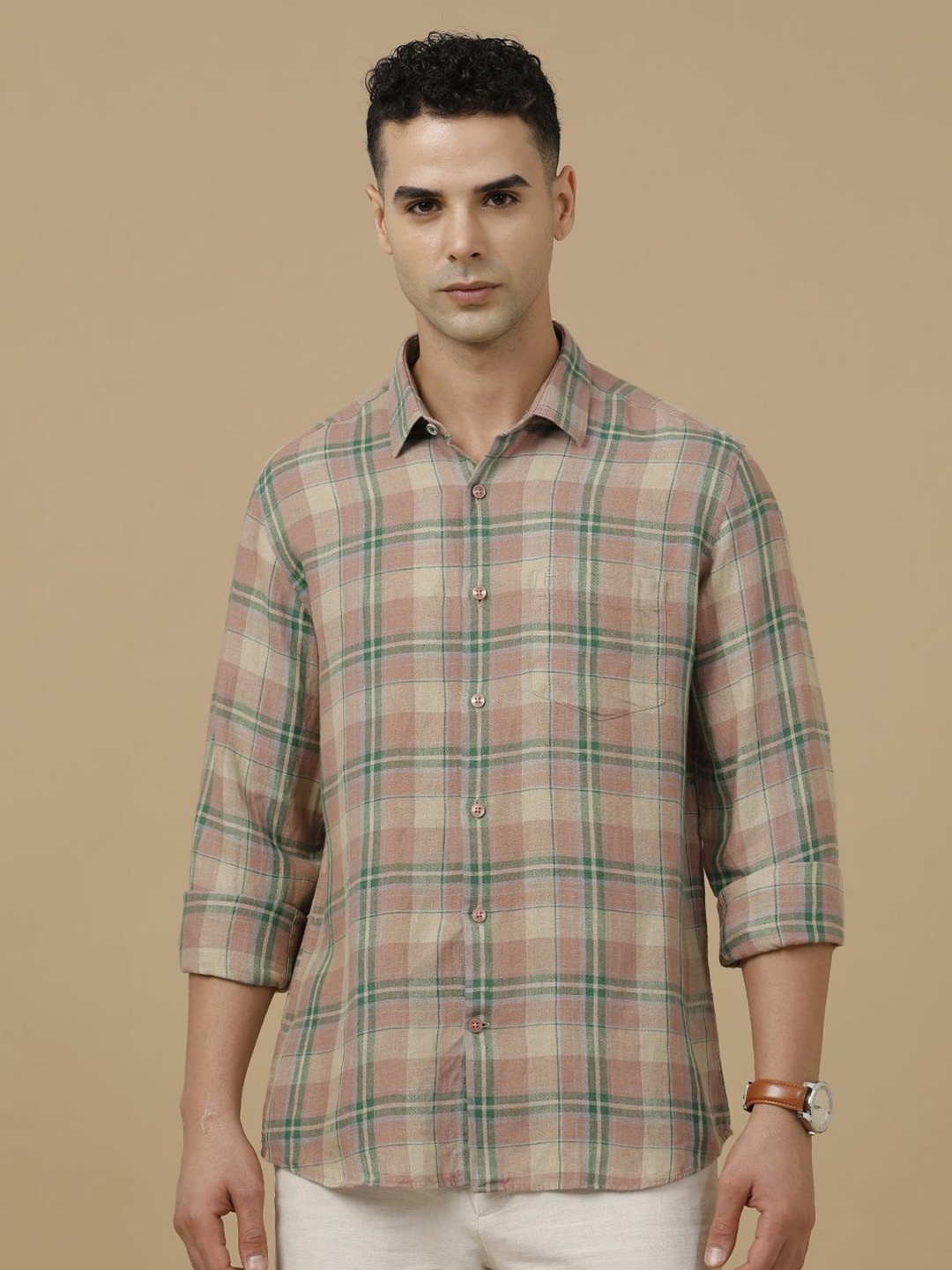 

Linen Club Contemporary Slim Fit Checked Pure Linen Casual Shirt, Green