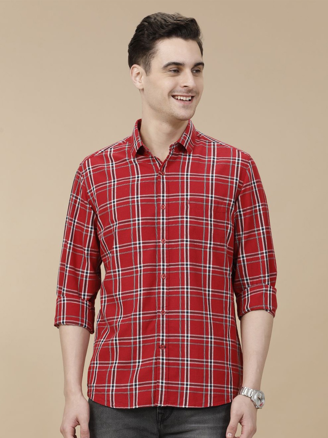 

CAVALLO by Linen Club Contemporary Slim Fit Windowpane Checked Casual Shirt, Red