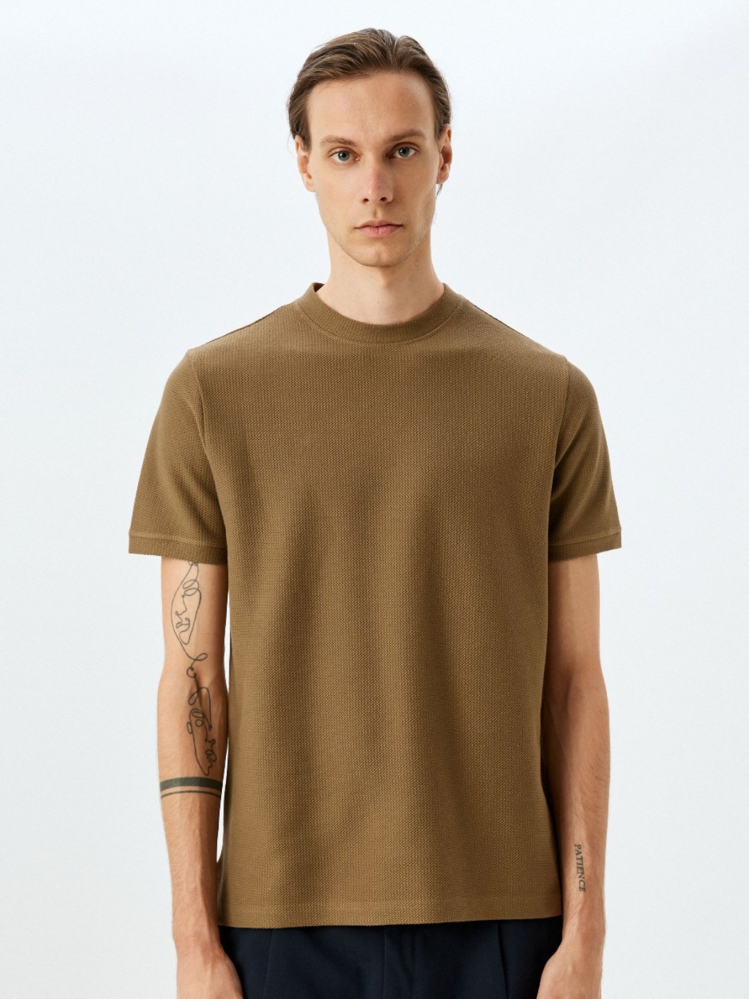 

Koton Men Self Design Round Neck Cotton T-shirt, Brown
