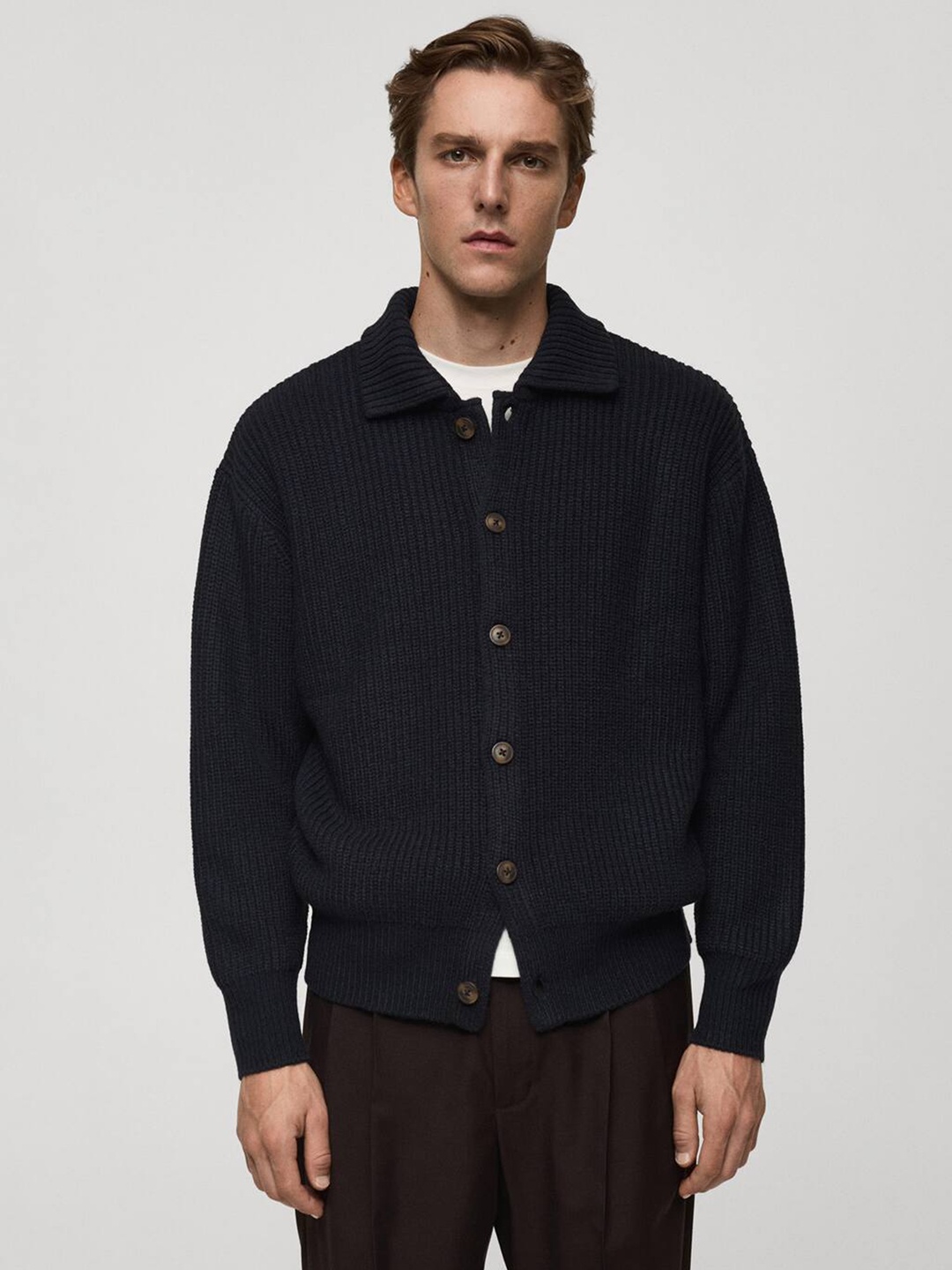 

MANGO MAN Shirt Collar Ribbed Relaxed Fit Cardigan Sweaters, Navy blue