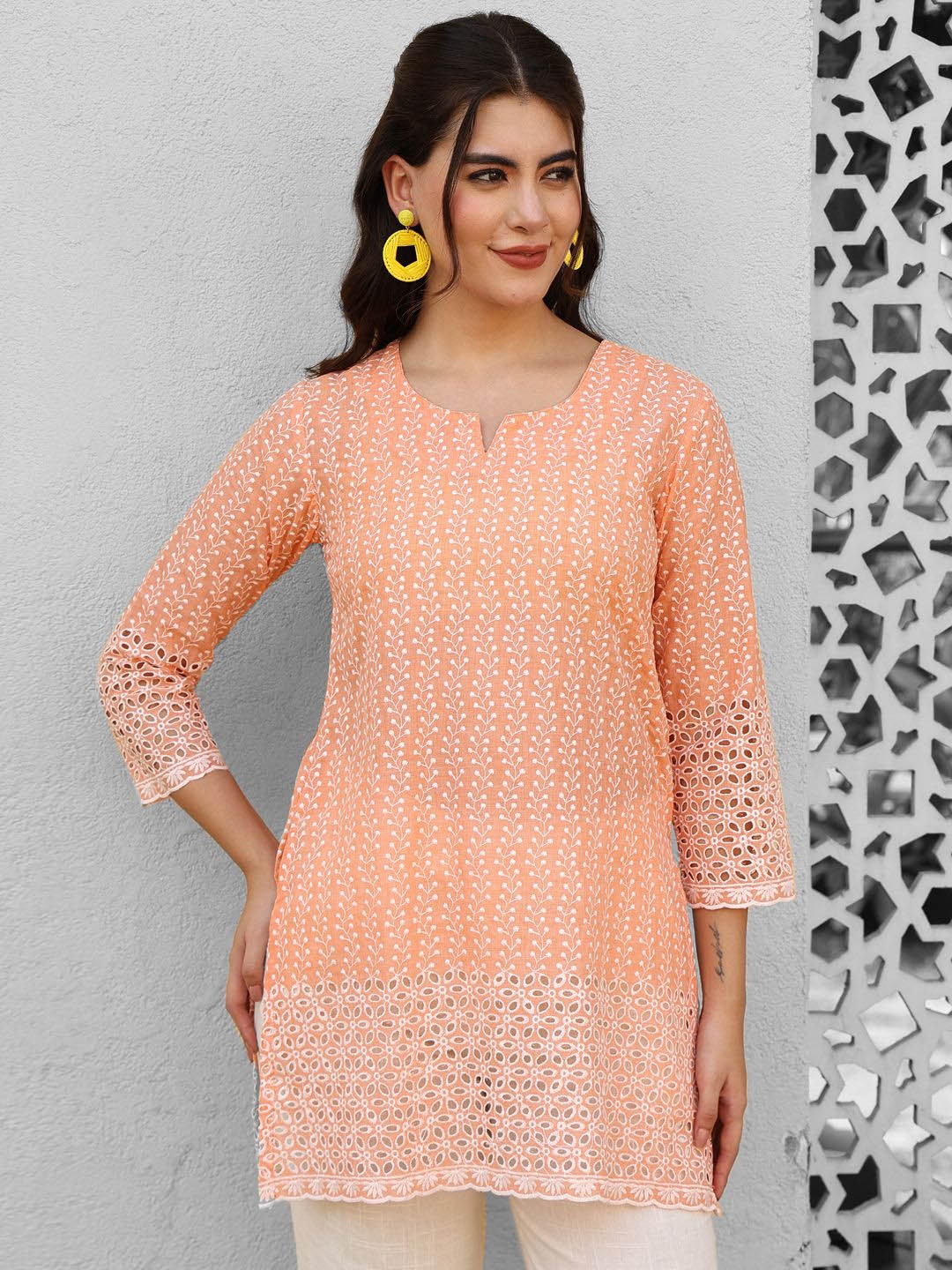 

AKIMIA Women Ethnic Motifs Embroidered Thread Work Pure Cotton Kurti, Peach