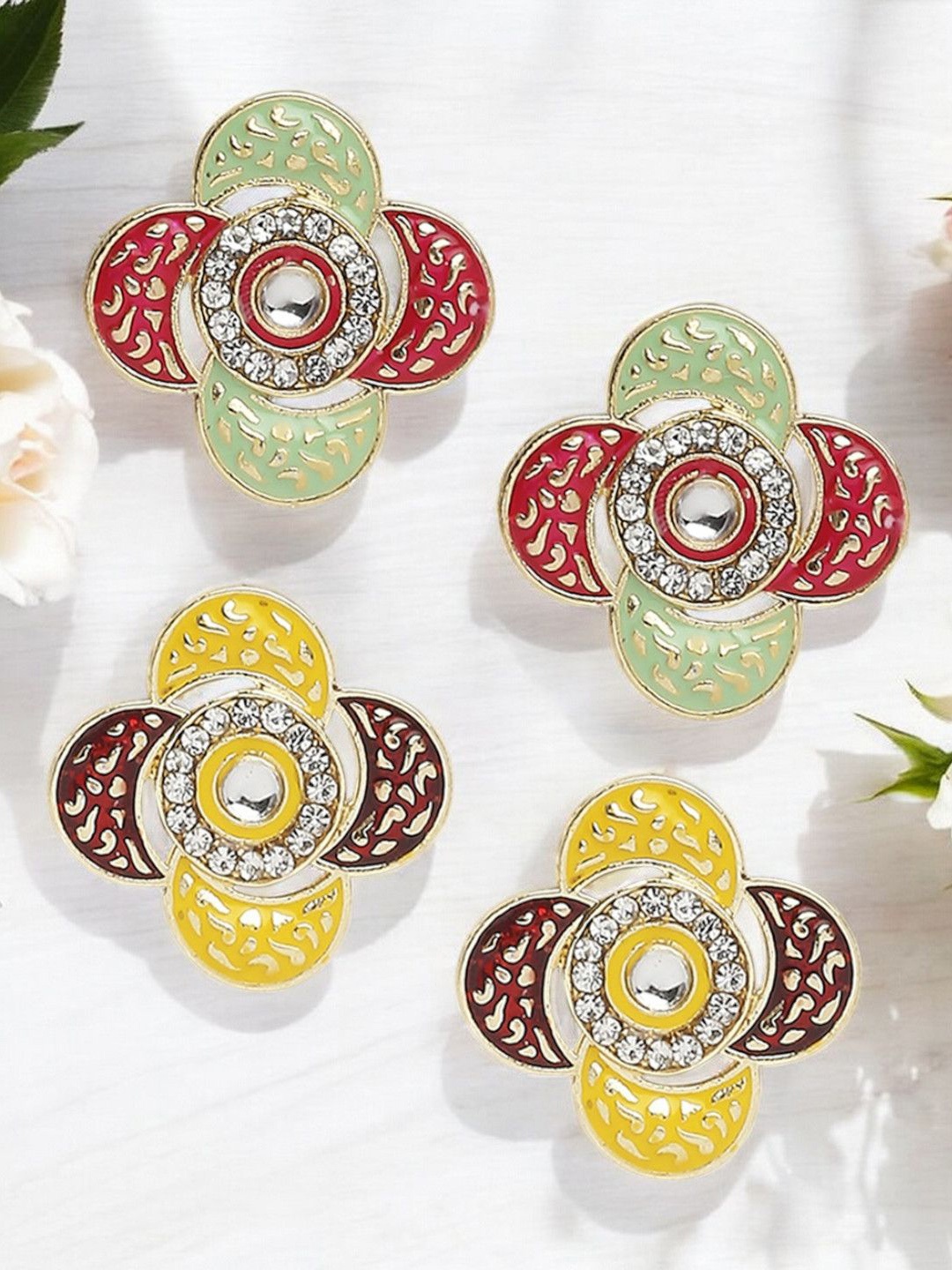

OOMPH Set Of 2 Meenakari Floral Kundan Studded Studs, Grey