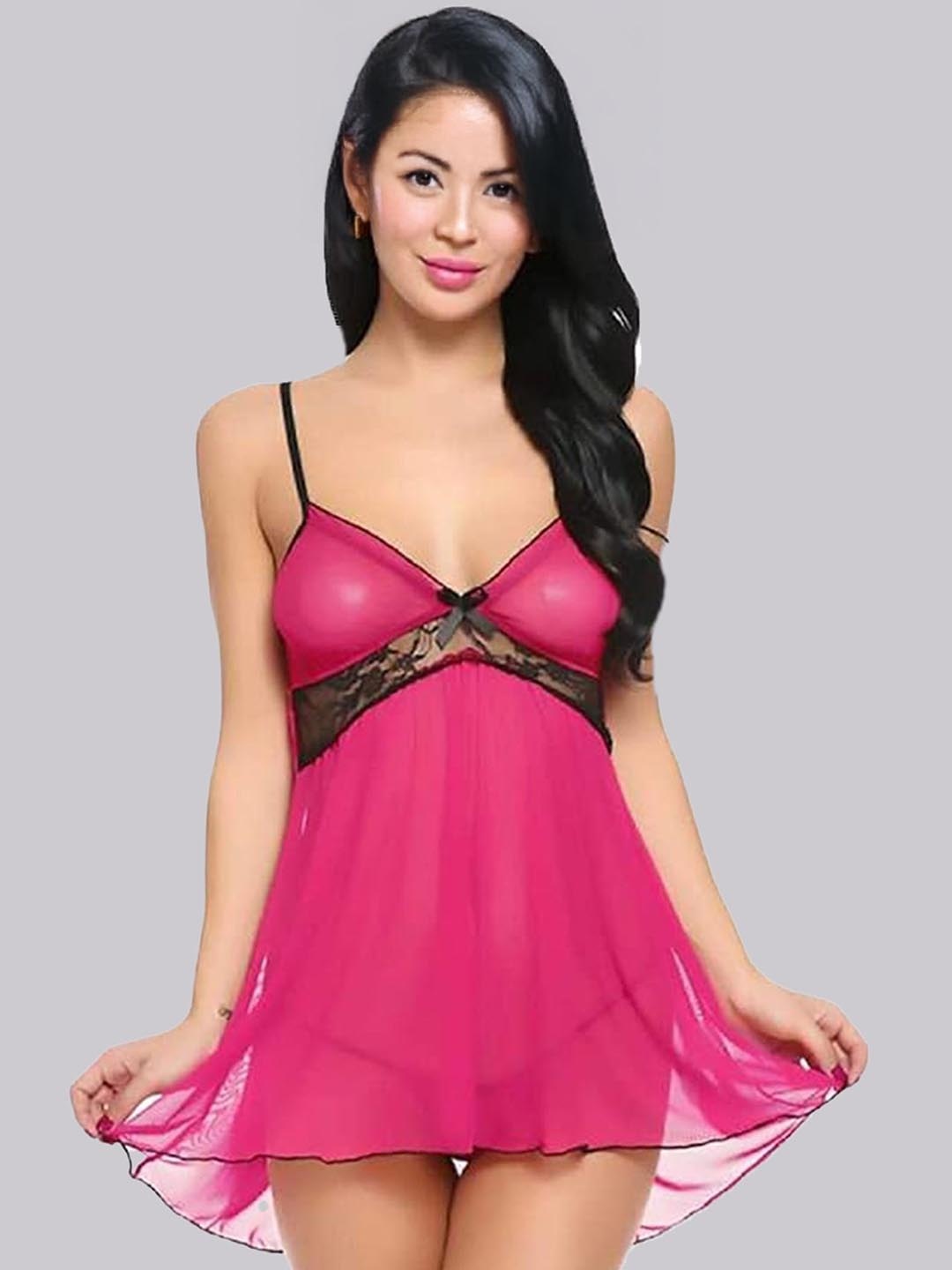 

BILLEBON Women Self Design Shoulder Straps Flared Baby Doll with Panty, Pink