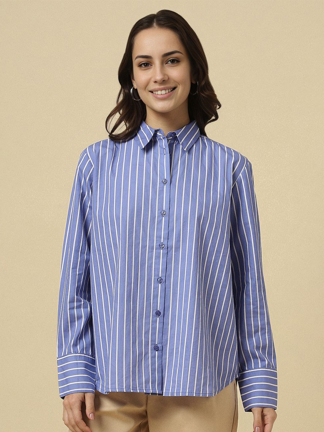 

Allen Solly Woman Women Opaque Striped Formal Shirt, Blue