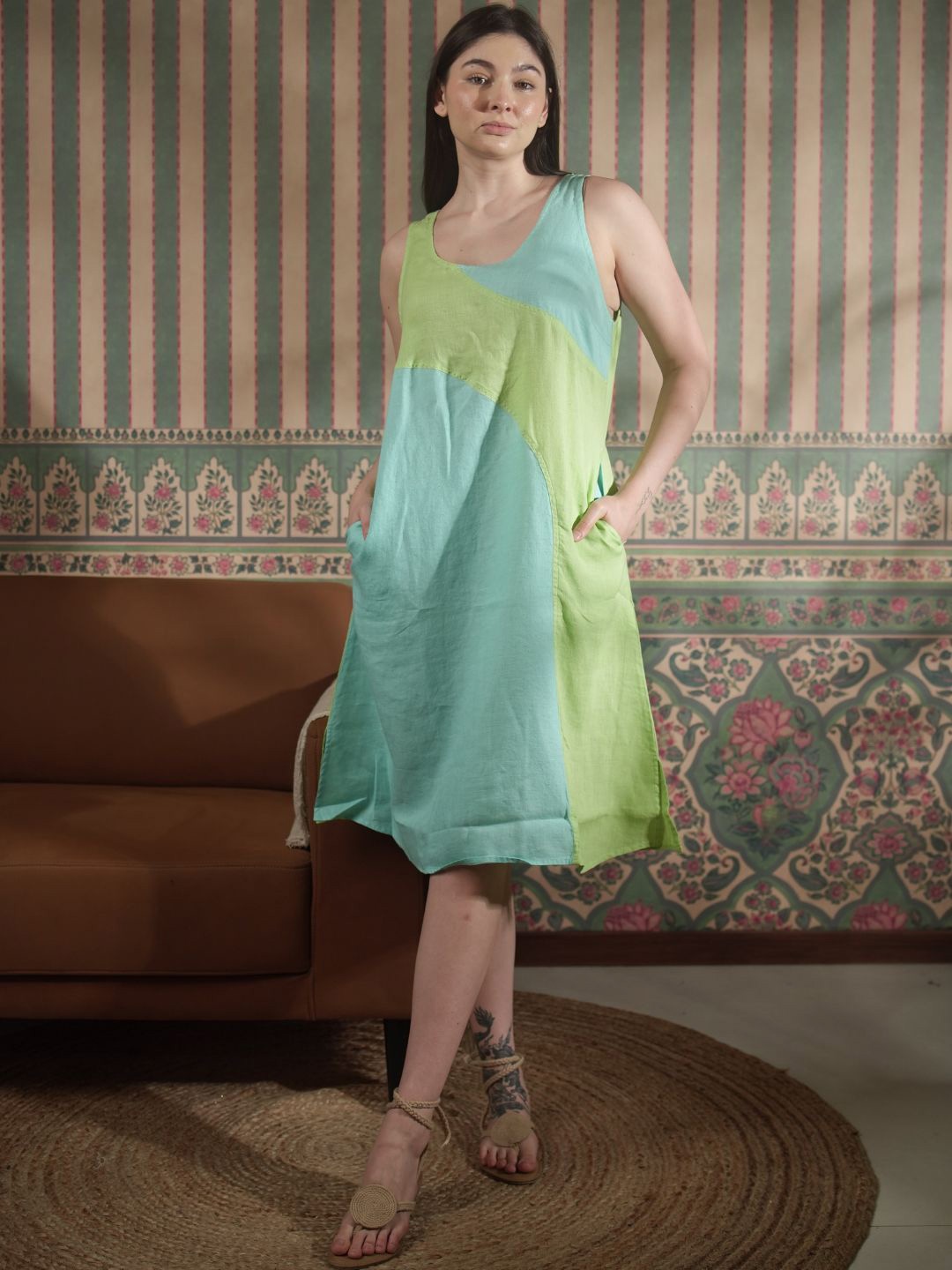 

Fabulous Tie and Dye Dyed Linen A-Line Dress, Lime green