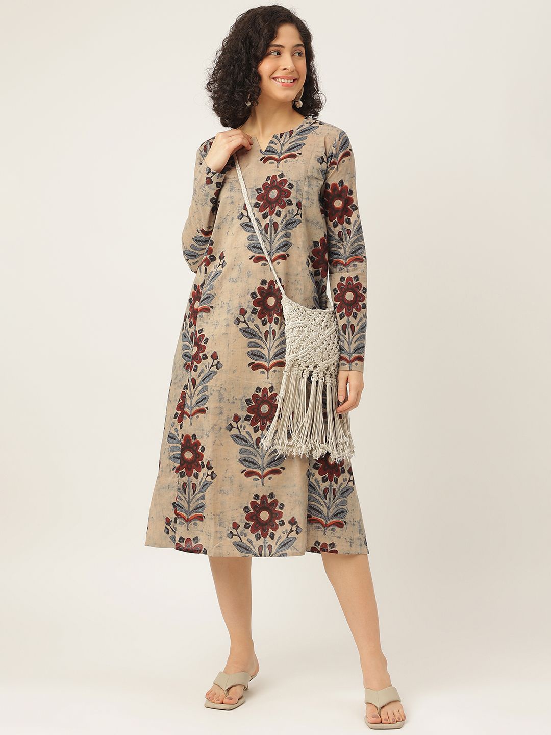

SPARSA Ethnic Motifs Print A-Line Midi Dress, Beige