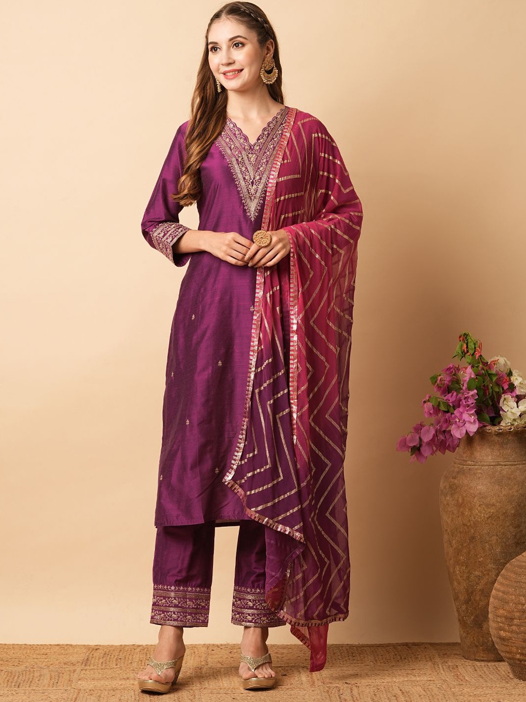 

FASHOR Floral Embroidered Thread Work Kurta with Trouser & Dupatta, Magenta