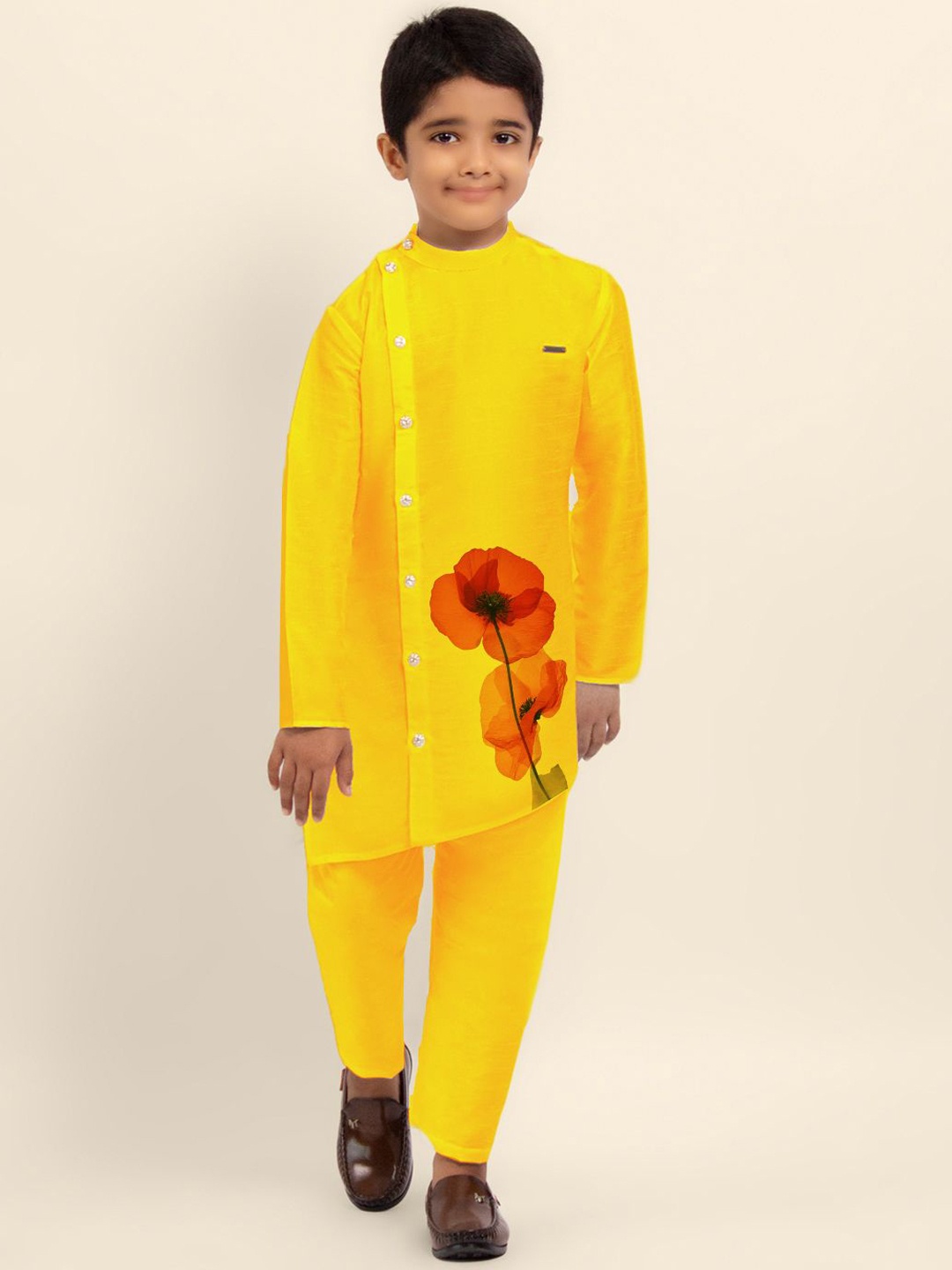 

DEVOILER Boys Ethnic Motifs Printed Straight Kurta with Pyjamas, Yellow