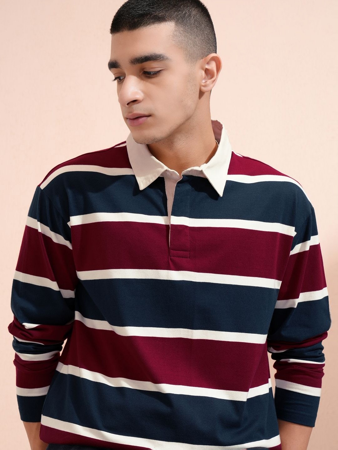 

HIGHLANDER Men Striped Polo Collar Drop-Shoulder Sleeves T-shirt, Navy blue