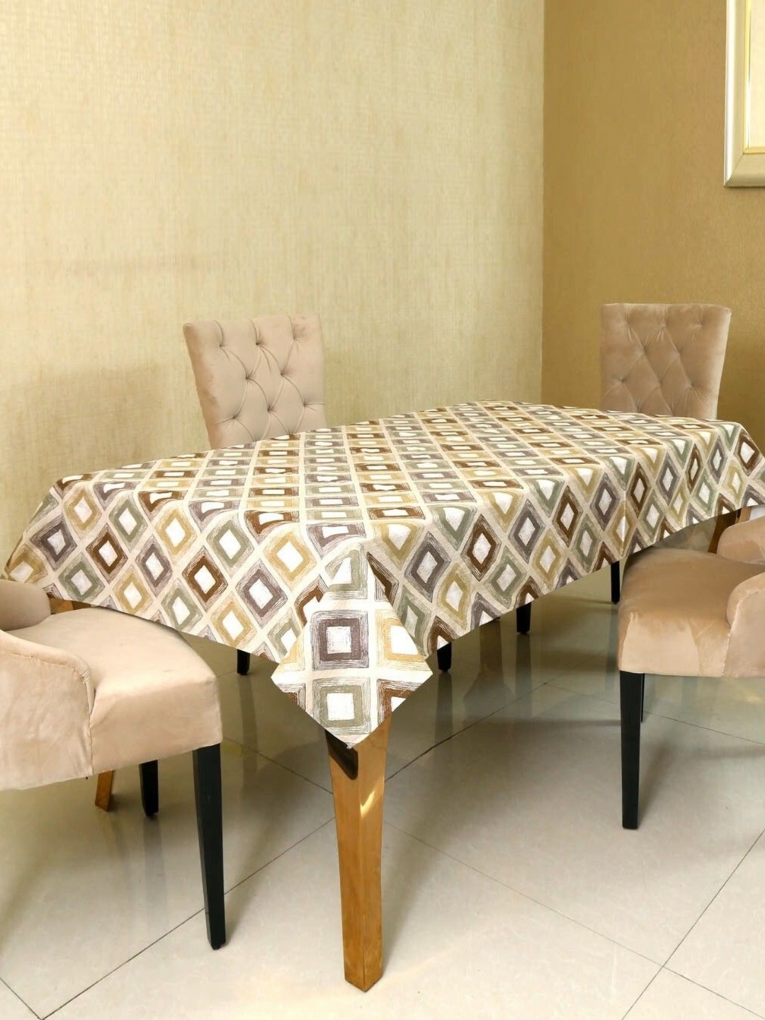 

BILBERRY Furnishing by preeti grover Beige Geometric Printed Cotton 6-Seater Table Cover