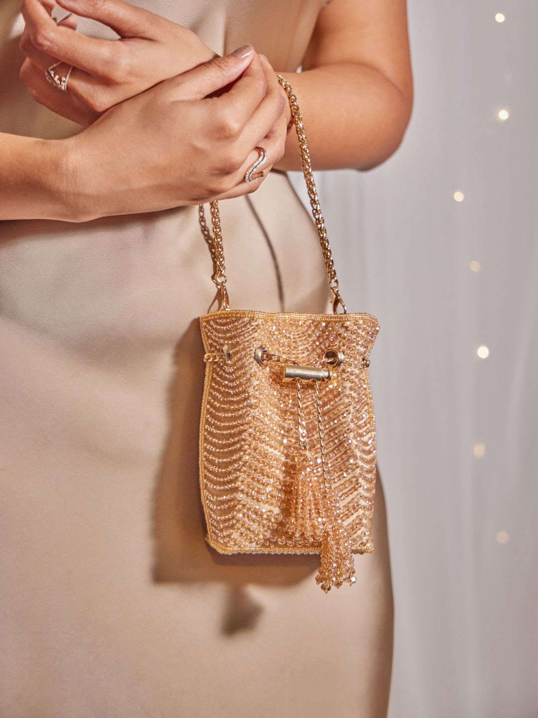 

CAI Embellished Suede Structured Handheld Bag, Gold