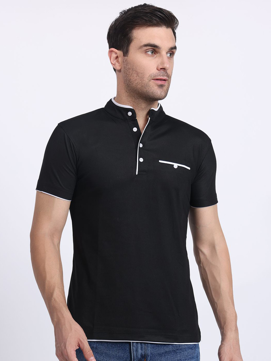 

N AND J Men Solid Mandarin Collar Polo T-shirt, Black