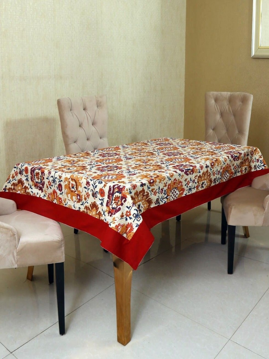 

BILBERRY Furnishing by preeti grover Beige Floral Cotton 6-Seater Table Cover