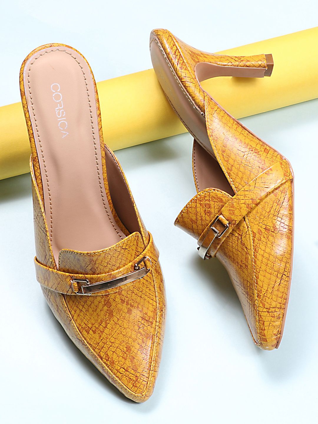 

CORSICA Printed Slim Heeled Pumps with Buckles, Yellow