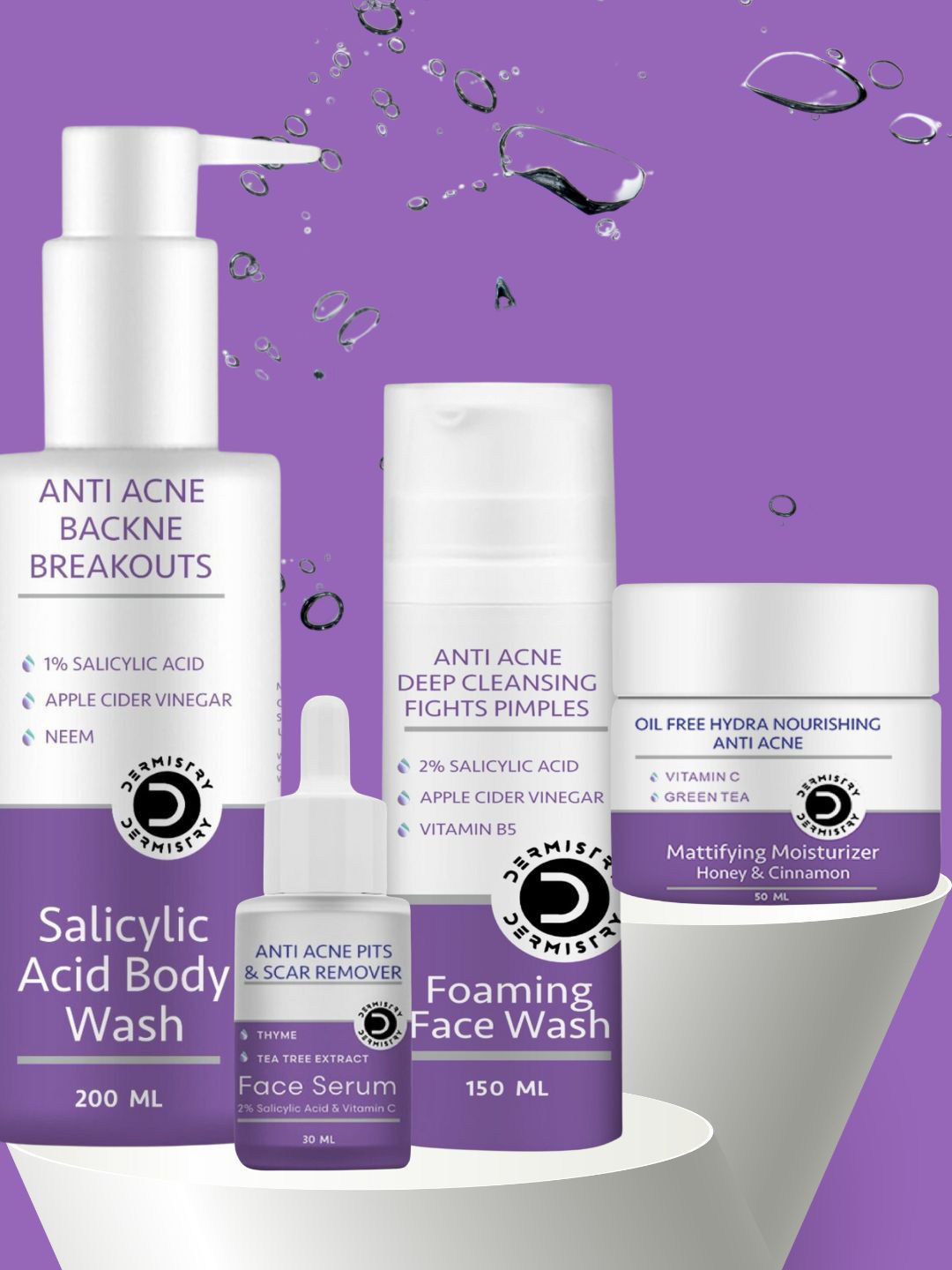 

DERMISTRY Salicylic Acid Body Wash , Face Wash, Serum & Moisturizer Combo, Blue