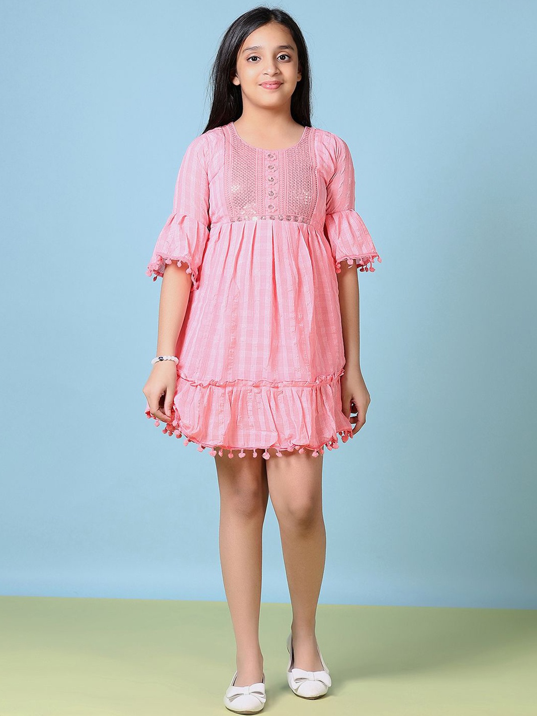 

V-Mart Girls Cotton Bell Sleeve Fit & Flare Dress, Peach