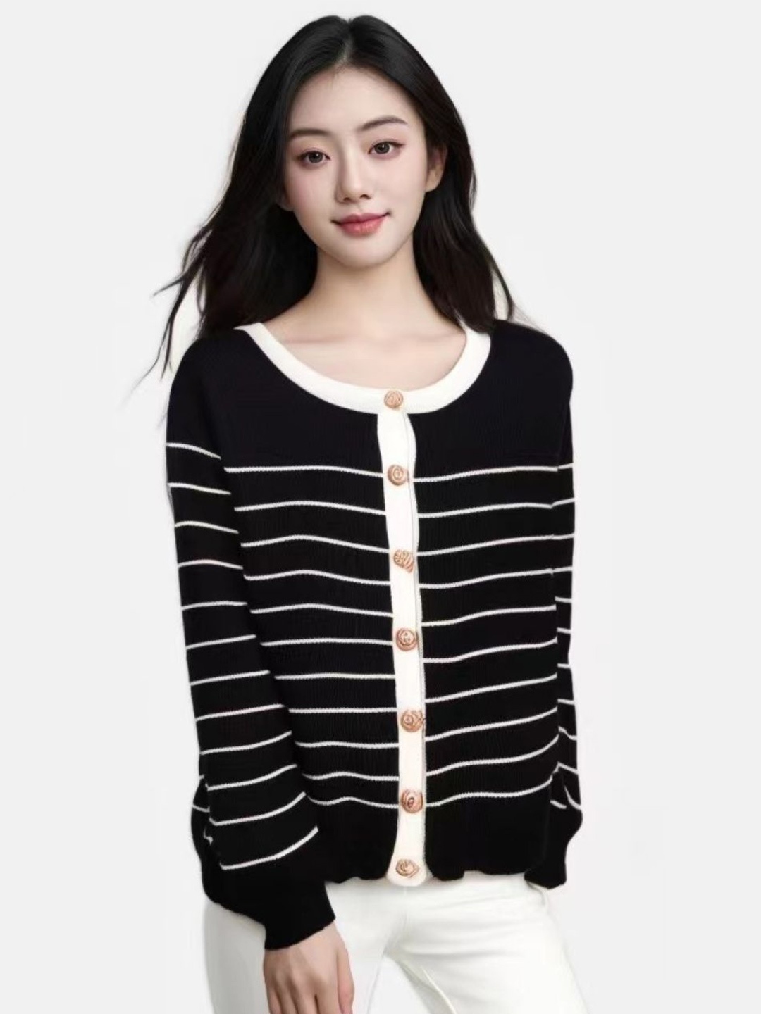 

StyleCast Women Striped Round Neck Long Sleeves Cardigan, Black