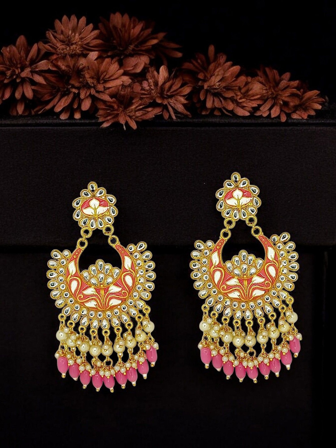 

FEMMIBELLA Gold-Plated Crescent Shaped Kundan Meenakari Chandbalis, Pink