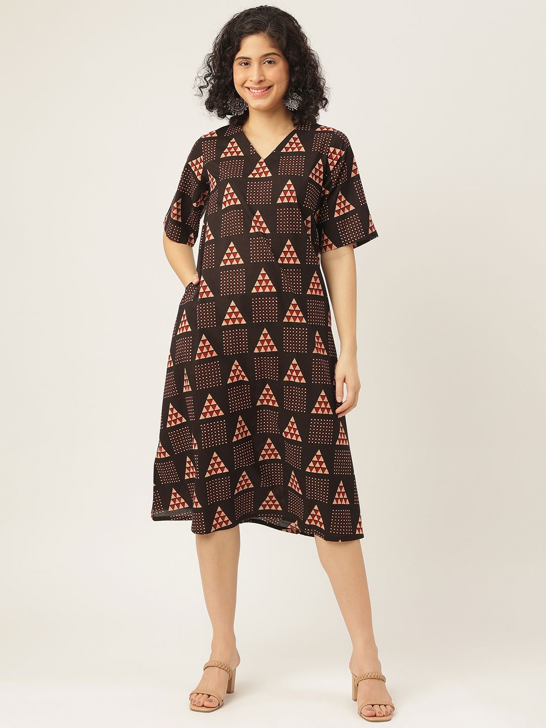 

SPARSA Print A-Line Midi Dress, Black