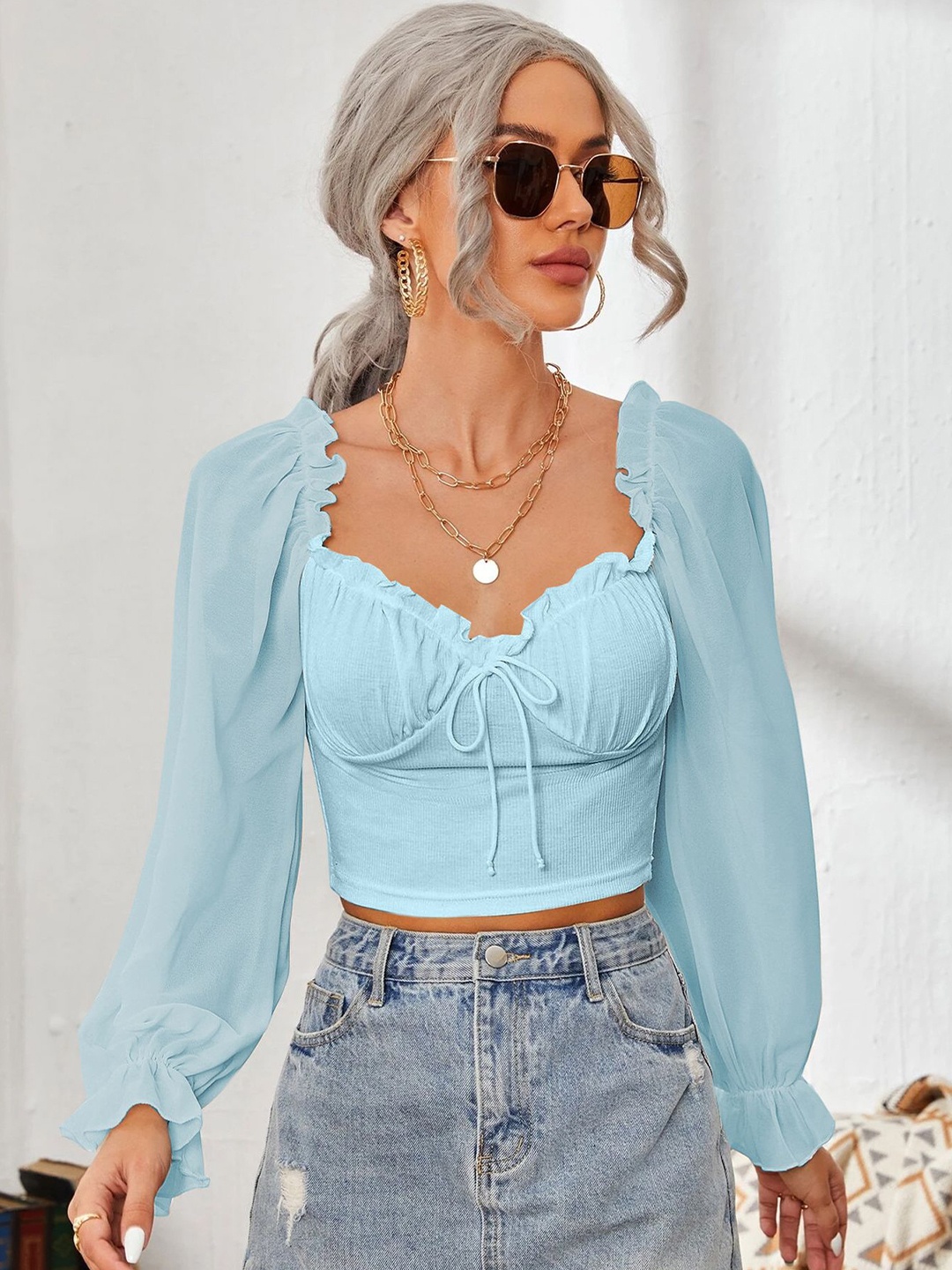 

StyleCast x Revolte Women Sweetheart Neck Puff Sleeve Ruffles Tank Top, Blue