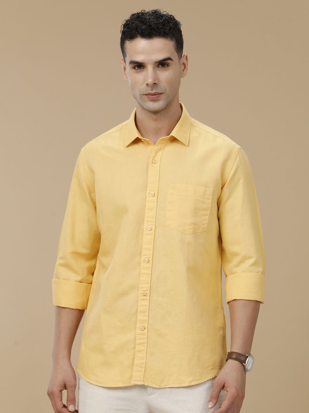 

Linen Club Contemporary Slim Fit Linen Cotton Casual Shirt, Yellow