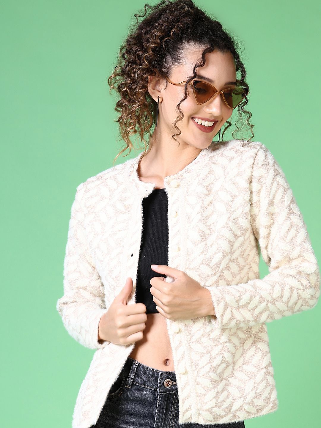 

V-Mart Women Floral Self Design Round Neck Cardigan, Off white