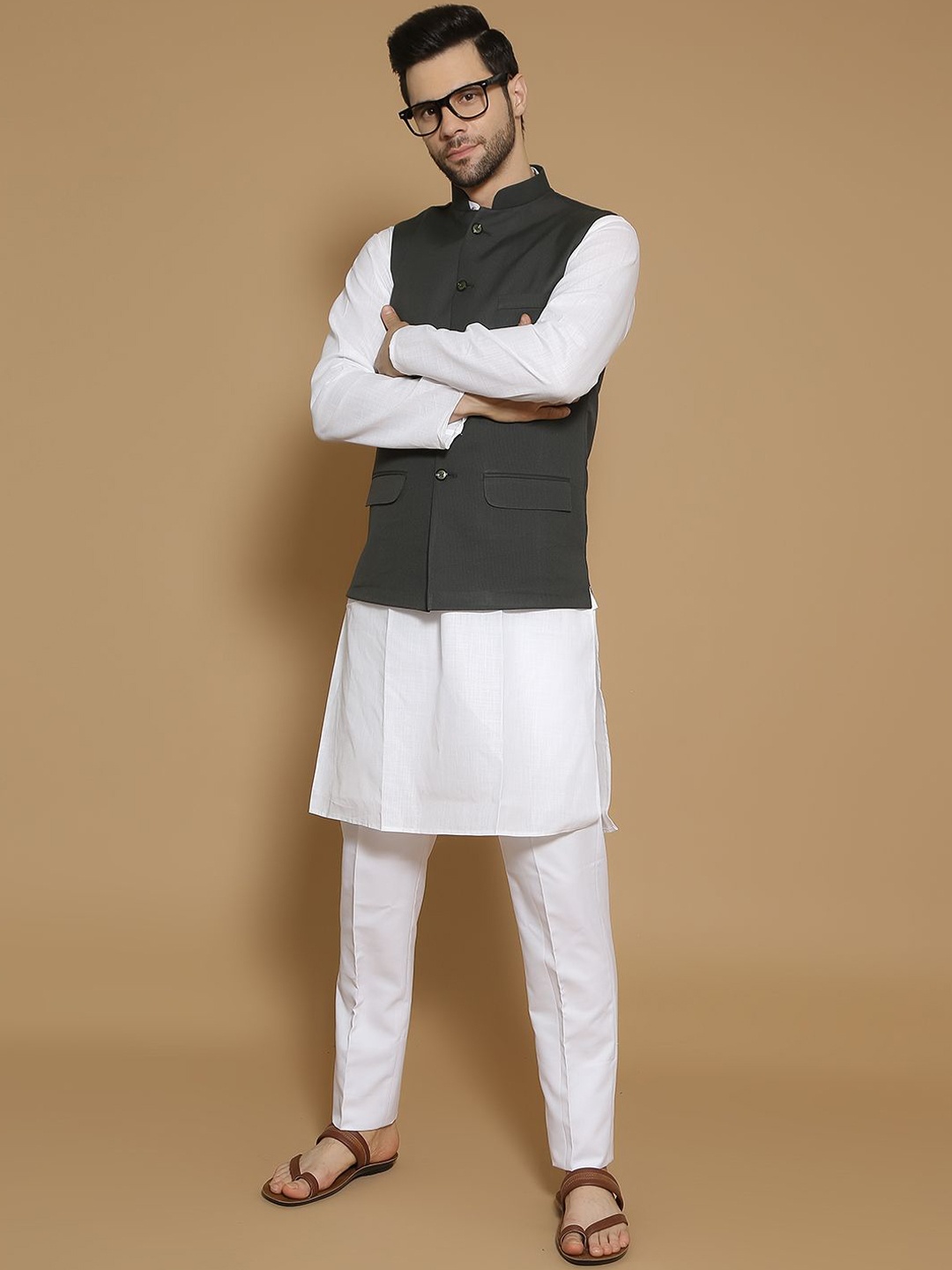 

Wintage Mandarin Collar White Romance Straight Kurta with Pyjamas & Nehru Jacket