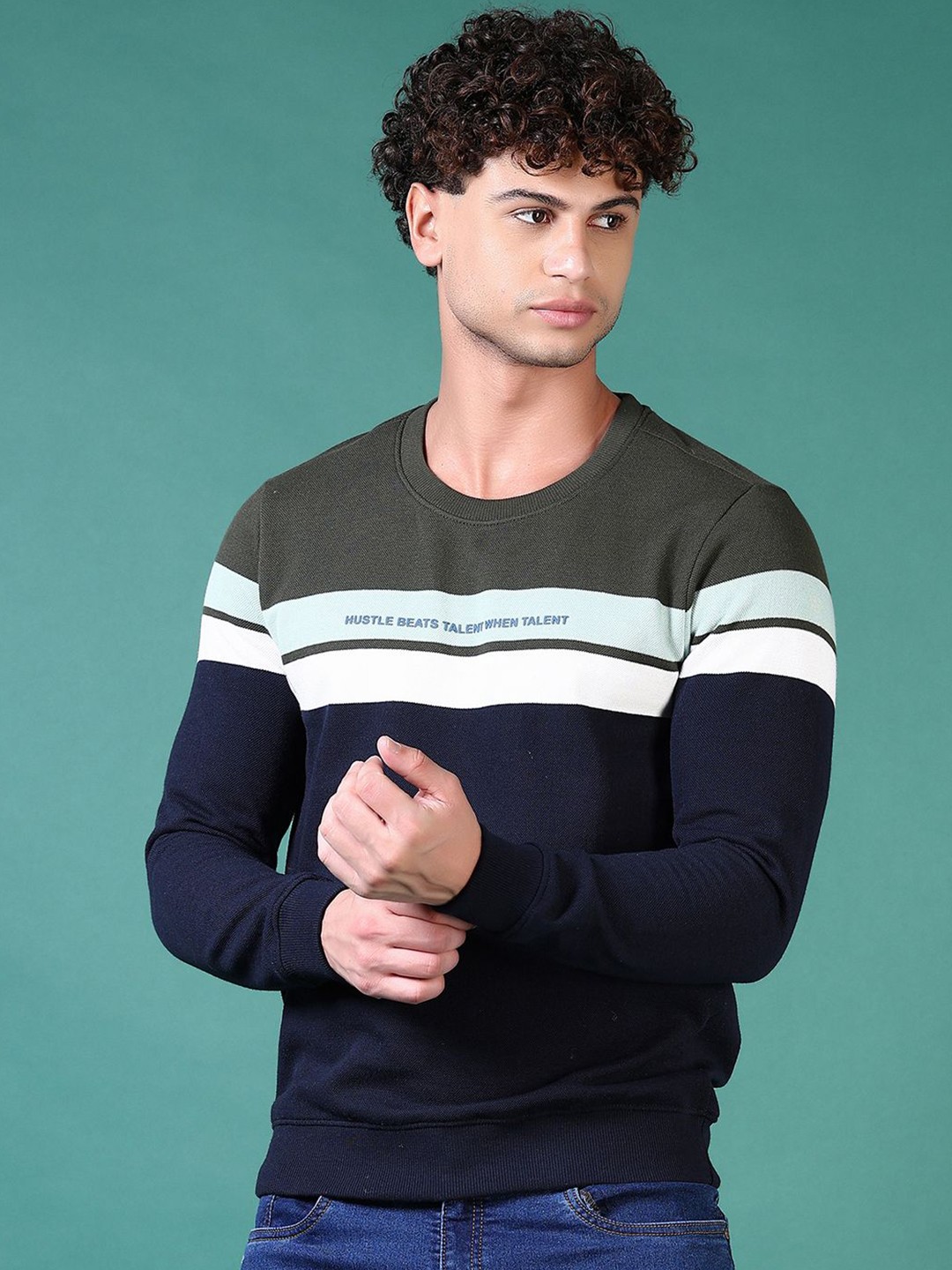 

V-Mart Men Cotton Striped Round Neck Long Sleeves Sweatshirt, Navy blue