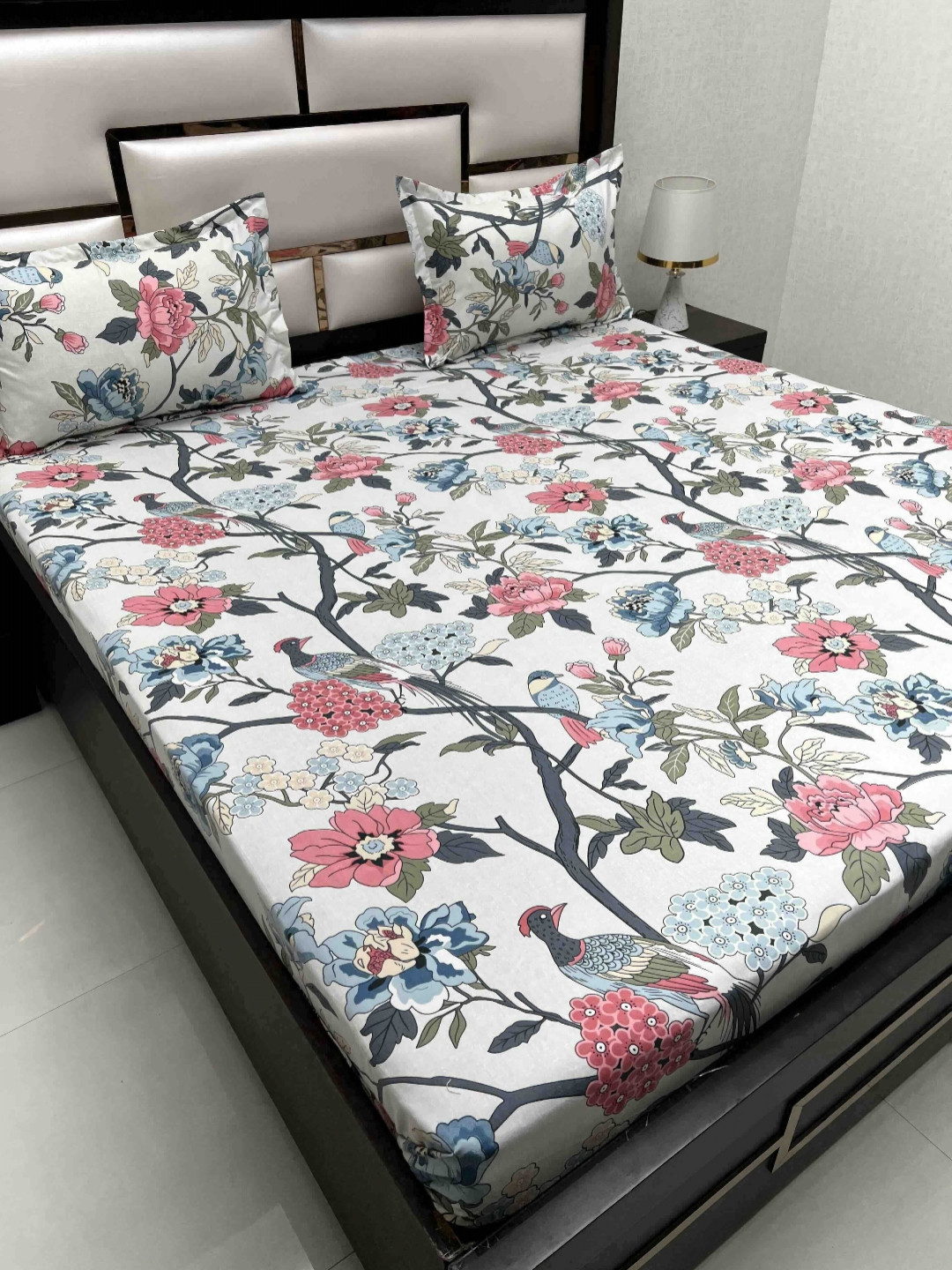 

Pure Decor Amulya White Floral Printed Microfiber 300 TC Queen Bedsheet Set 2.27 x 2.55 m