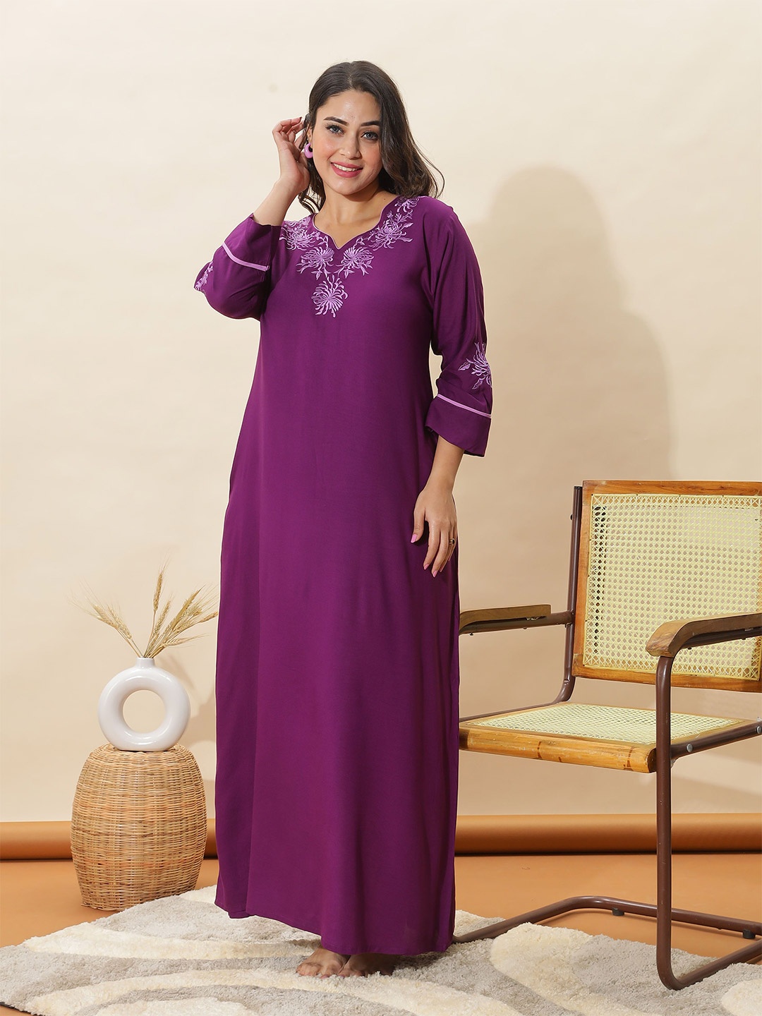 

9shines Label WomenEmbroidered Maxi Nightdress, Purple