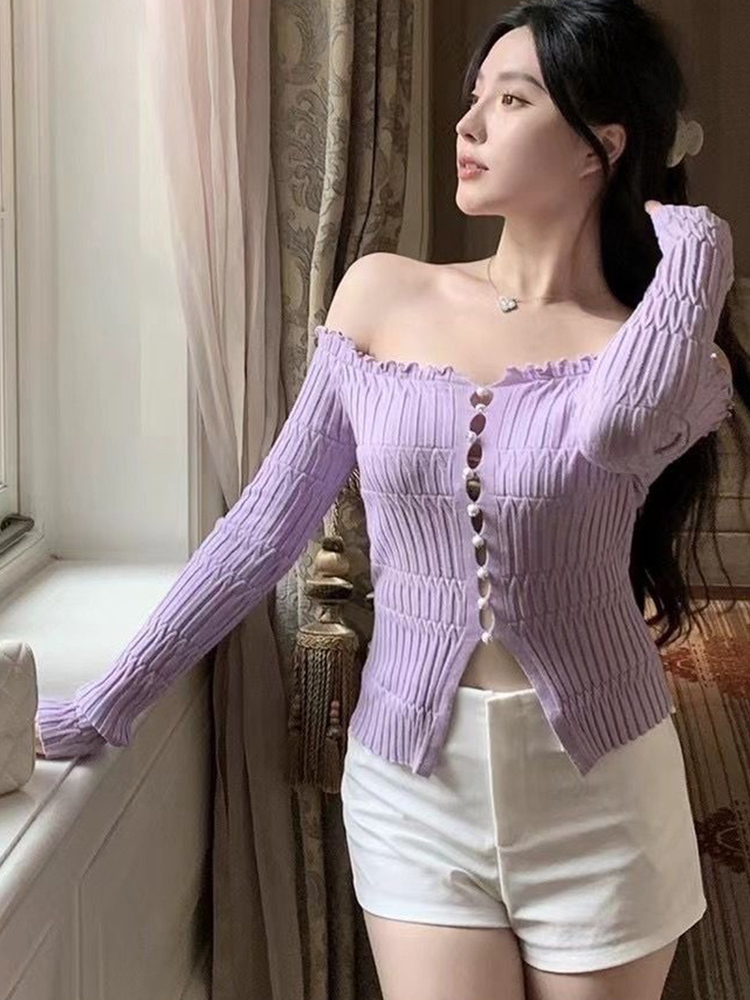 

StyleCast Women Off-Shoulder Long Sleeves Front-Open Sweater, Purple