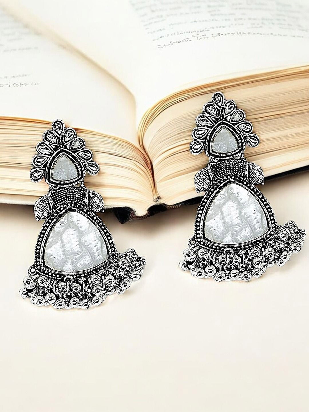 

FEMMIBELLA Silver-Plated Geometric Stone Studded Oxidized Drop Earrings