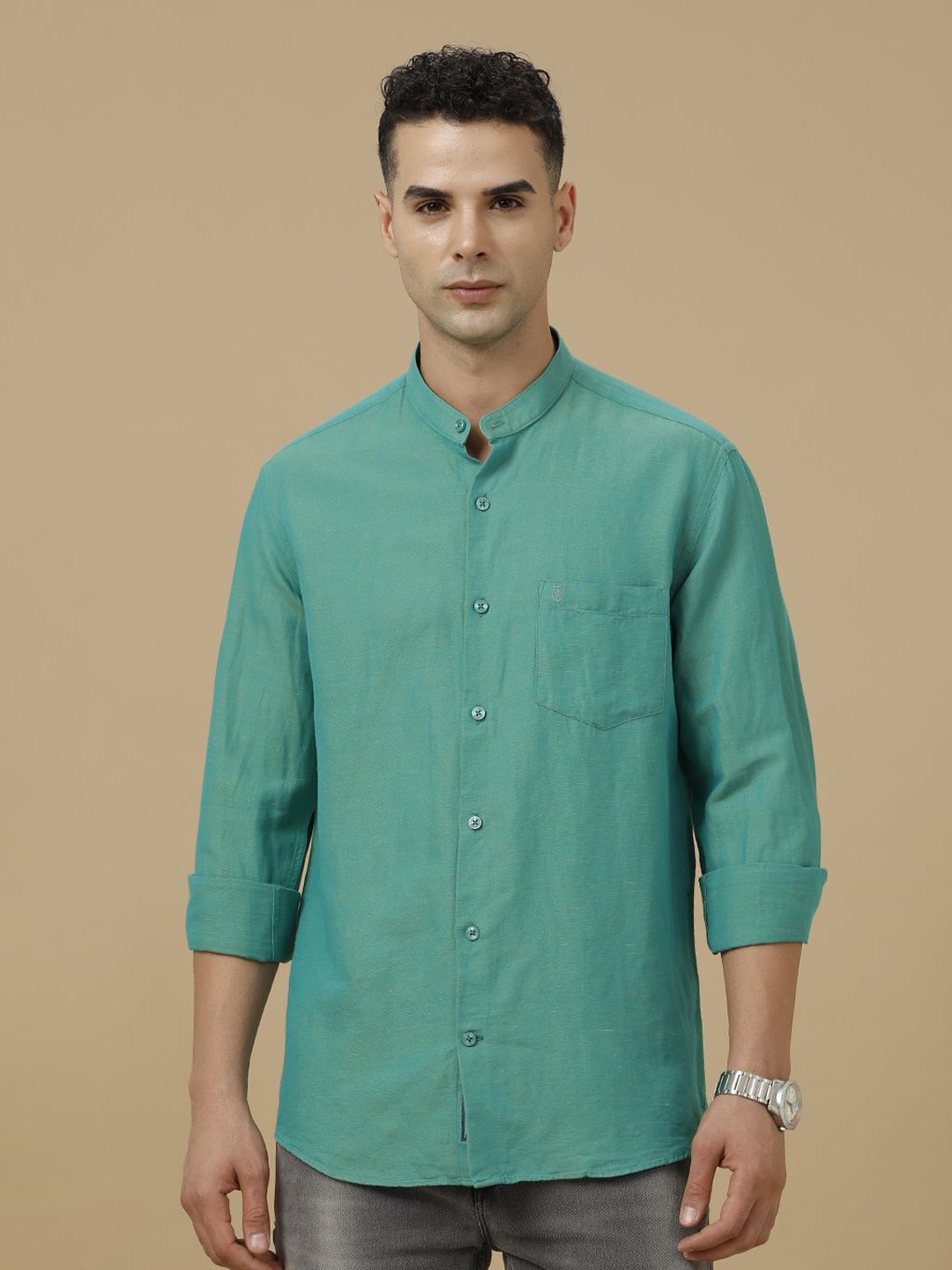 

Linen Club Contemporary Slim Fit Mandarin Collar Linen Cotton Casual Shirt, Green