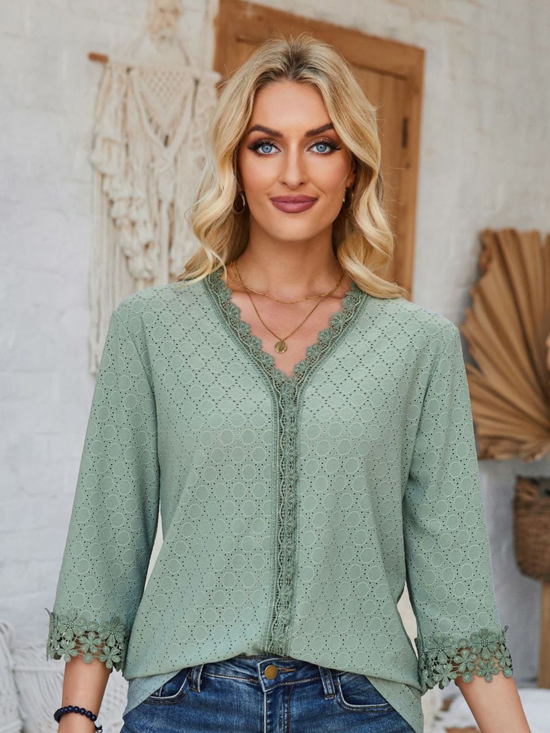 

StyleCast x Revolte Women Schiffli Top, Green