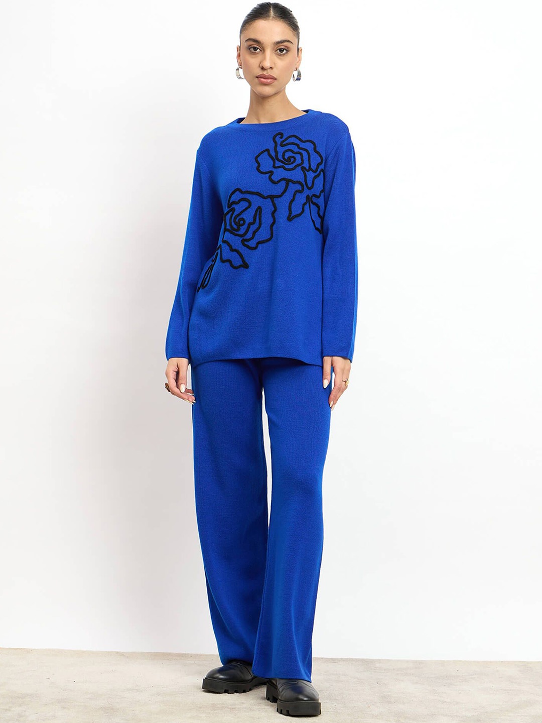 

SALT ATTIRE Liana Floral Embroidered Top With Trousers, Blue